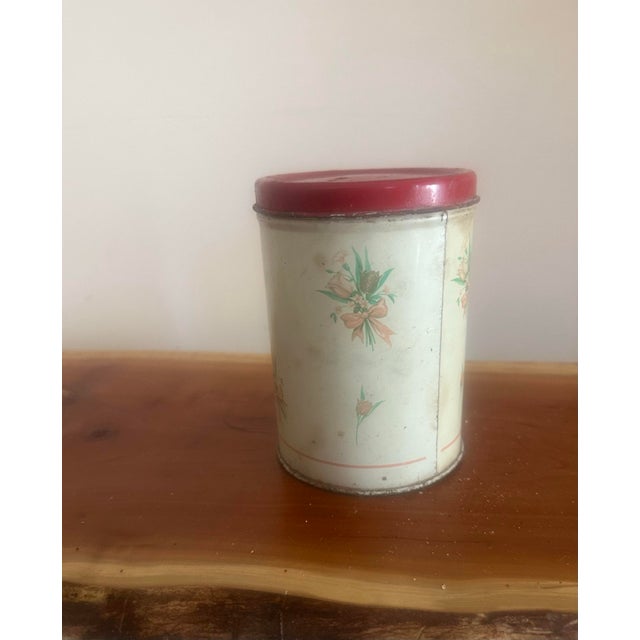 Farmhouse Vintage Floral Tin Canister With Red Lid For Sale - Image 3 of 5