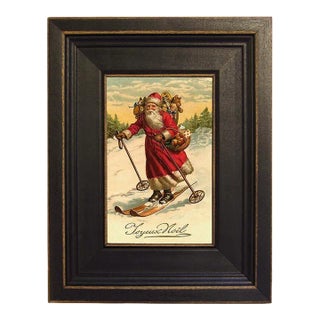 Santa on Skis Framed Print on Canvas in Distressed Black Wood Frame- Framed to 7-1/2 X 9-1/2" For Sale