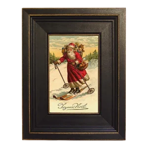 Santa on Skis Framed Print on Canvas in Distressed Black Wood Frame- Framed to 7-1/2 X 9-1/2"