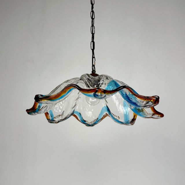 1970s Amber and Blue Murano Glass Flower Pendant Light from Mazzega, Italy, 1970s For Sale - Image 5 of 10