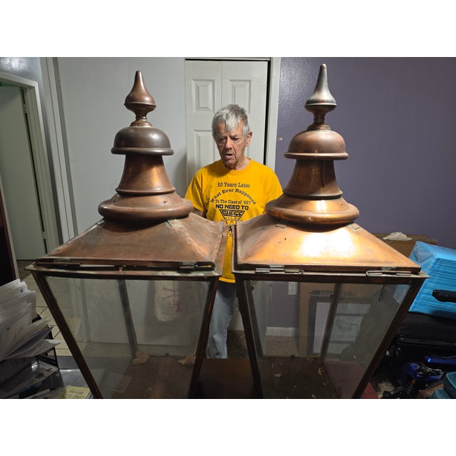 Metal Antique British Copper Street Lanterns by W. Parkinson & Co., - Pair For Sale - Image 7 of 11