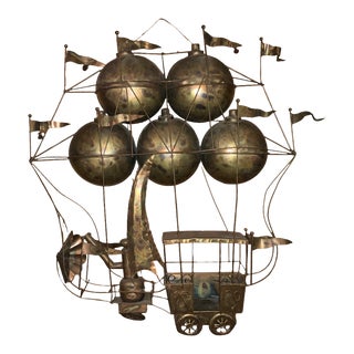 Brutalist Copper Mid Century Flying Machine Wall Sculpture For Sale