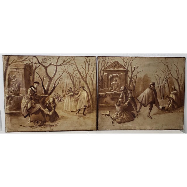 Late 19th Century "Ice Skating" Original European Oil Paintings C.1890s - a Pair For Sale - Image 10 of 10