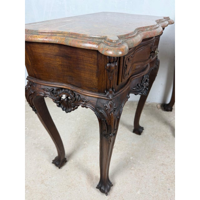 Pair of French Louis XV Style Nightstands with Marble Tops For Sale - Image 15 of 15