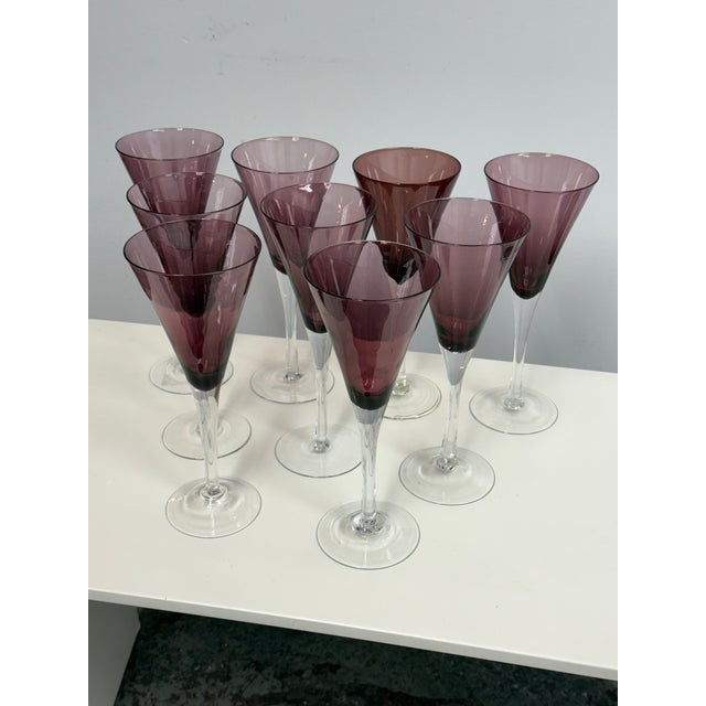 Contemporary Circa 1990's Pottery Barn Amethyst Champagne Flutes, Set of Nine For Sale - Image 3 of 12