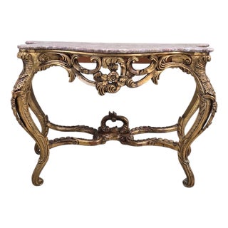 Antique Louis XV Style Carved Console Table With Pink Marble Top For Sale