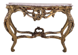 Antique Louis XV Style Carved Console Table With Pink Marble Top