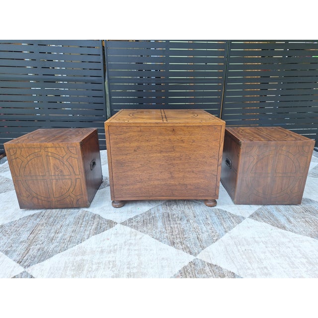 From one of the most stylish line of furniture produced by Drexel, this Oxford Square side table and 2 cube tables are in...