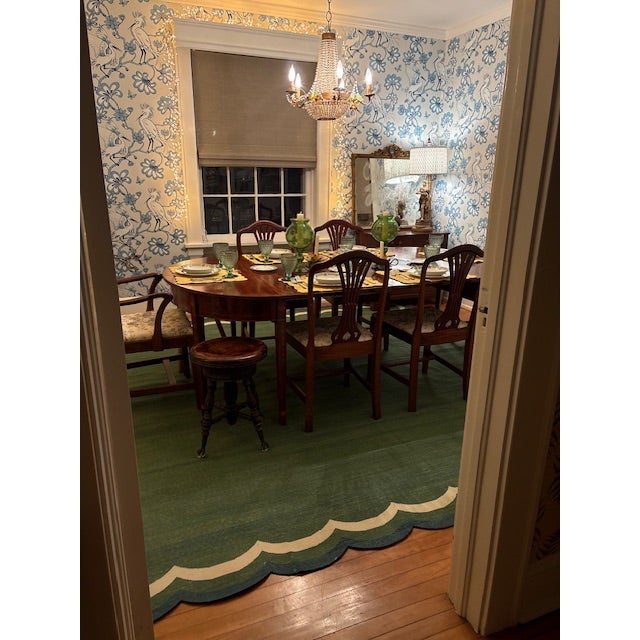 Forest Green Handmade Cotton Vegetable Dyed Rug, Scalloped Forest Green Dhurrie - 14'x16' For Sale - Image 8 of 12