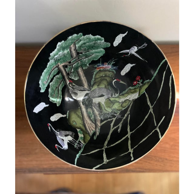 1990s Vintage Black Chinese Bowl With Cranes For Sale - Image 5 of 12