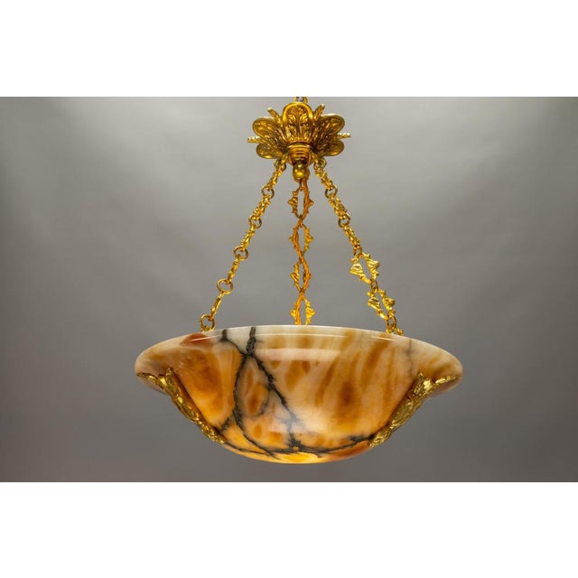 French Neoclassical Style Amber Alabaster and Bronze Pendant Light, 1920s For Sale - Image 12 of 18