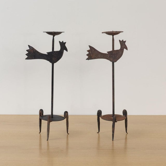 1950s Pair of French Iron Rooster Candlesticks For Sale - Image 4 of 13