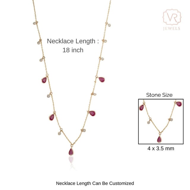 14k Yellow Gold Ruby Drop Station Necklace With Diamond Accents Layering Jewelry For Sale - Image 9 of 13