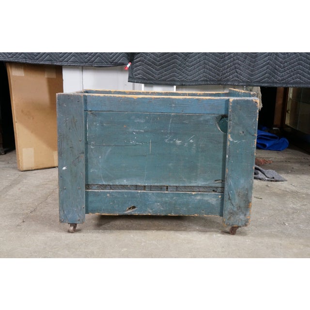 Antique Primitive Pine Bin Teal Blue Milk Paint Wood Storage Rolling Crate Box For Sale - Image 4 of 16