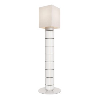 Handcrafted Ceramic Floor Lamp in White With Black Glaze With Linen Lampshade For Sale