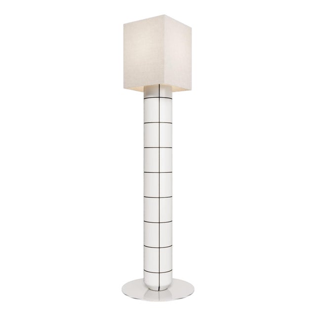 Handcrafted Ceramic Floor Lamp in White With Black Glaze With Linen Lampshade For Sale