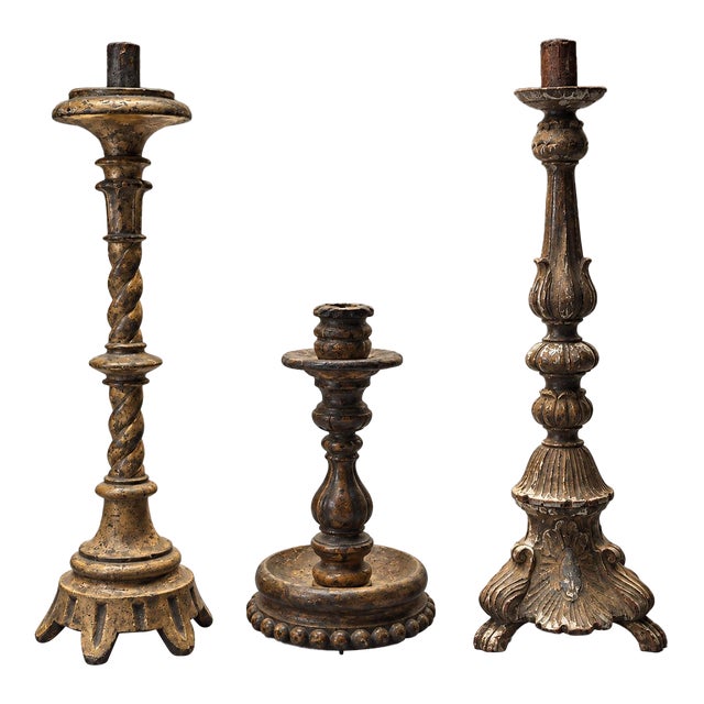 Rare 17th Century Italian Baroque Giltwood Candlesticks For Sale