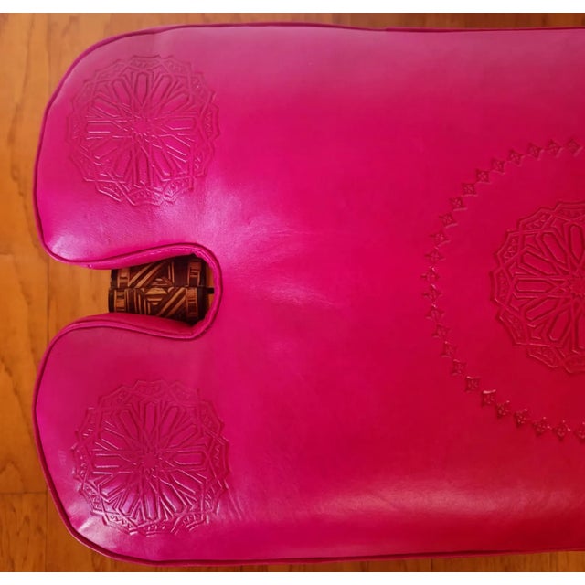 Bright Pink Handcrafted Moroccan Camel Saddle, Genuine Leather Cushion Stool / Pink For Sale - Image 8 of 10