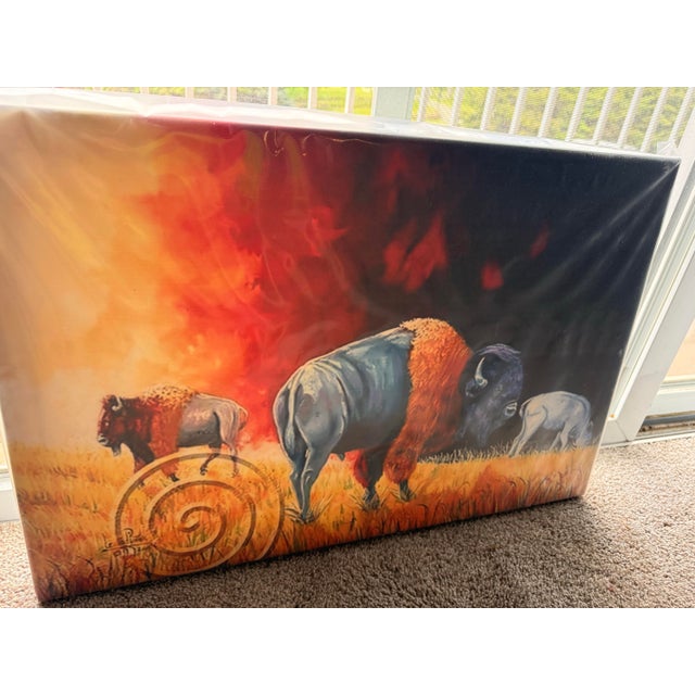 Native American Rare Canvass of Bison, Artwork by Leonard Peltier in Federal Prison. For Sale - Image 3 of 6