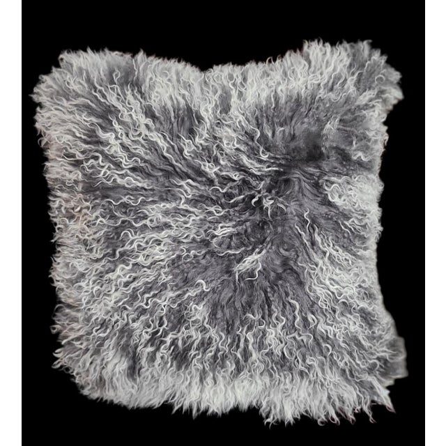 Pair of Dark Grey/Light Grey Ombre Mon Chateau Tibetan Lamb Fur Throw Pillows w/Goose Down Filling & Leather Backs, super...