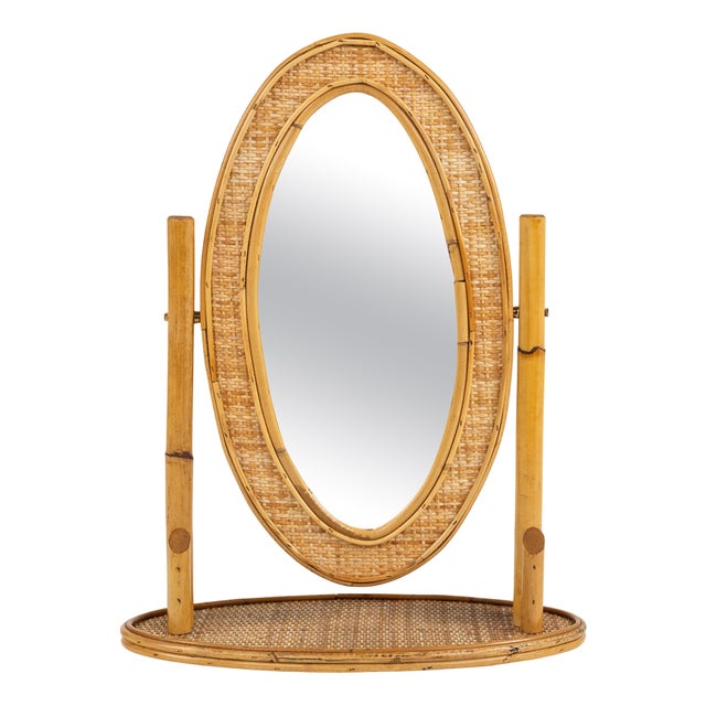 Mid-Century Oval Table Vanity Mirror in Bamboo, Rattan and Wicker, Italy, 1970s For Sale