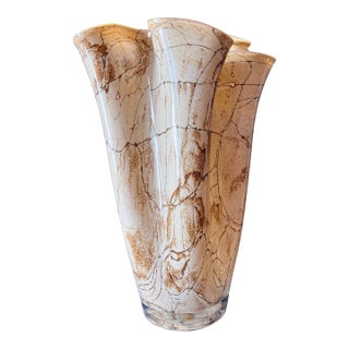 Jozefina Krosno Handkerchief Vase Art Glass 13.75"h X 9.25"w Marble Vintage Brown For Sale