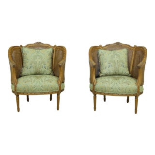 Pair Century French Louis XV Cane Back & Sides Oversized Parlor Chairs For Sale