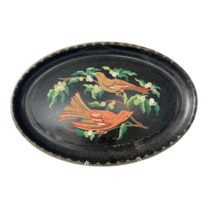 Vintage Hand-Painted Oval Metal Tray With Two Birds and Juniper Berries