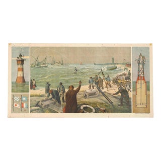 Large Chromolithograph Lighthouse Rescue School Plate by Josef Klemm, 1900s For Sale