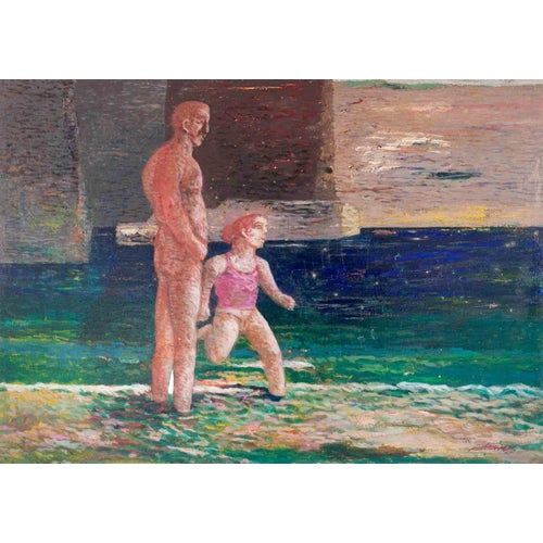 Alessio Paternesi, At the Beach, 1990s, Oil on Wood For Sale