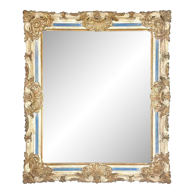Monumental French Baroque Style Painted & Parcel Gilt Mirror C. 1940's For Sale