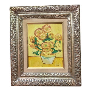 1970’s Original Impressionist After Van Gogh Sunflower Painting Chunky Gold Frame Signed For Sale