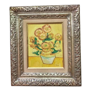 1970’s Original Impressionist After Van Gogh Sunflower Painting Chunky Gold Frame Signed