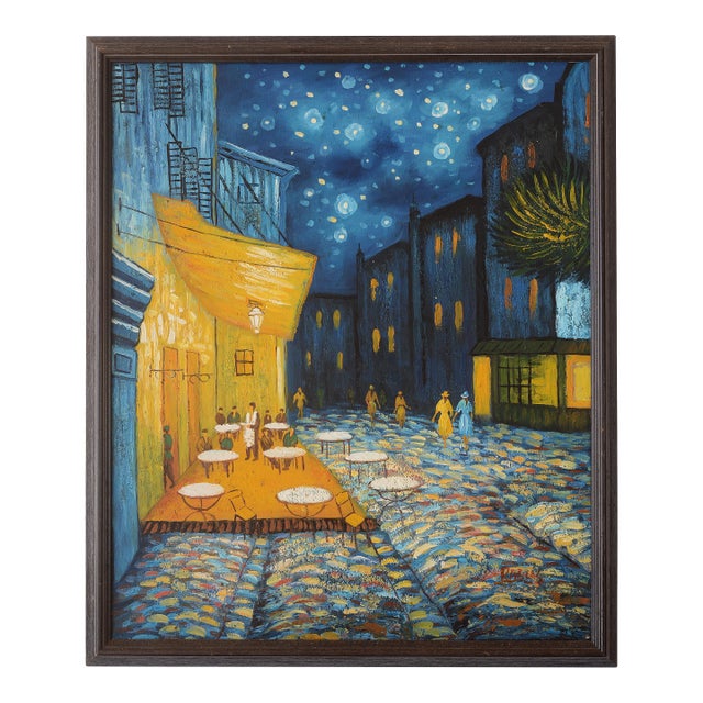 Mid Century Impressionist Style Night Cafe & Street Scene Painting For Sale