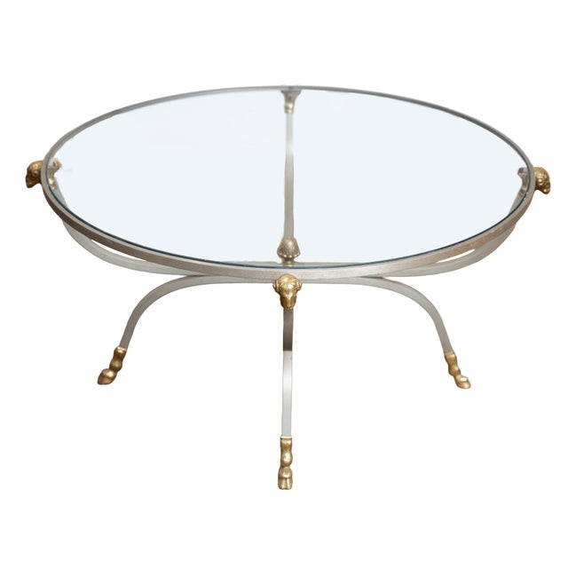 French Mid-Century Round Coffee or Low Table With Steel Base and Glass Top For Sale - Image 4 of 14
