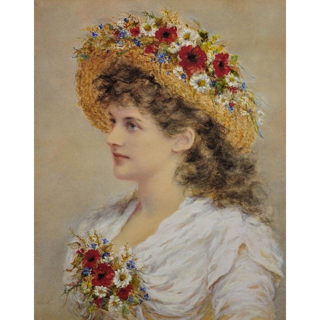 Alice Anne Renshaw. English ( b.1849 - d.1900 ). Young Lady With Meadow Flowers In Her Straw Hat. Watercolour & Gouache....