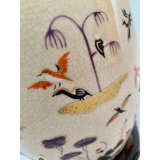 Vintage Chinoiserie Oriental Porcelain Table Lamp on Carved Wood Base With Silk Shade For Sale - Image 9 of 13