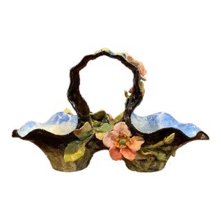 19th Century French Painted Ceramic Barbotine Basket From Montigny-Sur-Loing For Sale