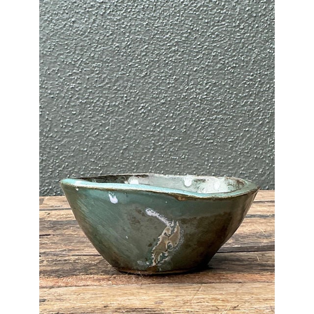 Mid-Century Modern Vintage Green Glazed Studio Pottery Bowl For Sale - Image 3 of 15