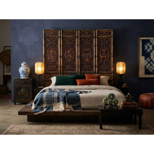 Vintage Finish Openwork Floral 4 Panels Wood Floor Screen Room Divider For Sale - Image 4 of 10