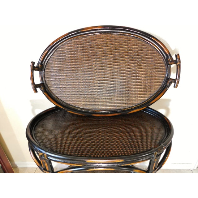 2010s Ornate Natural Bamboo Rattan Brown Wicker Oval Tray Table Two Tier Server For Sale - Image 5 of 12