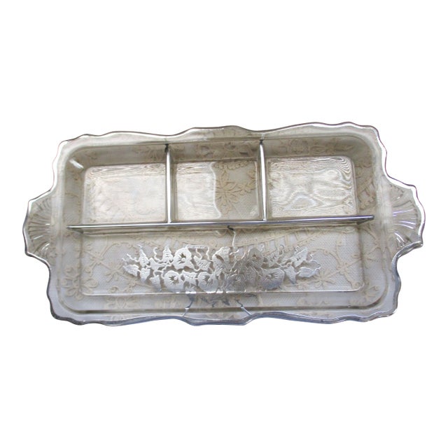 Vintage Crystal & Sterling Overlay 4 Compartment Relish Dish For Sale