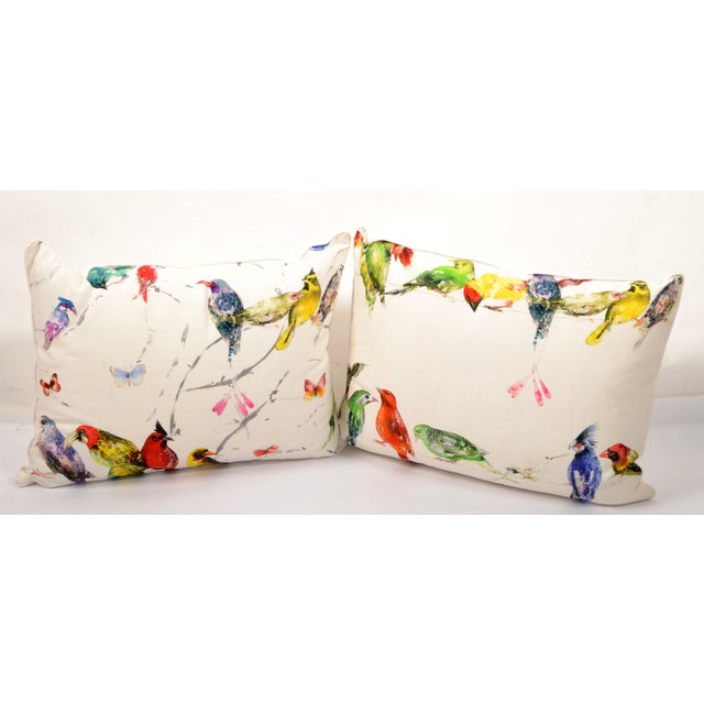 Set of 2 Belgium Textured Linen in colorful Birds pattern Fabric Down-Filled Pillow Mid-Century Modern. Complete pillow,...