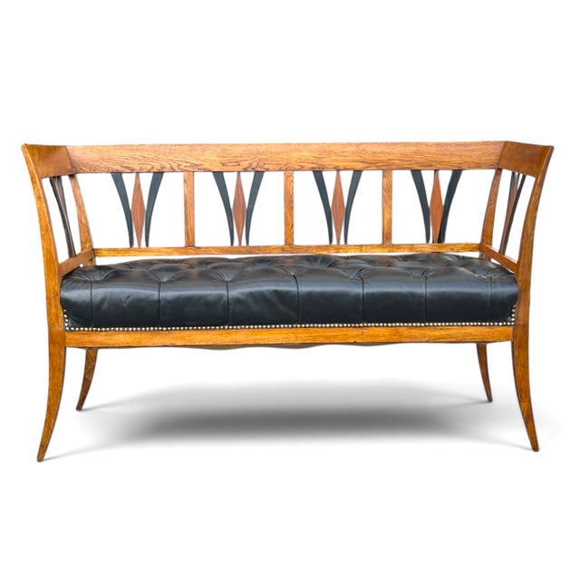 1950s Vintage Sculpted Wood Bench With Button-Tufted Black Leather Seat For Sale - Image 5 of 12