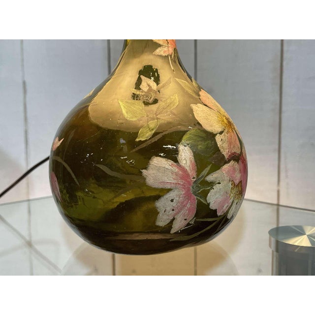 Painted Blown Glass Lamp with Floral Decoration For Sale - Image 6 of 14