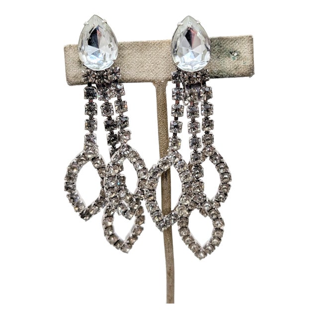 Vintage 1980s Signed Alexis Kirk Rhodium Plated Clear Rhinestone Chandelier Clip Earrings-2 Pieces For Sale
