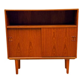 Mid-Century Danish Modern Teak Bookcase Cabinet by Hjørnebo | Sliding Doors & Open Shelf For Sale