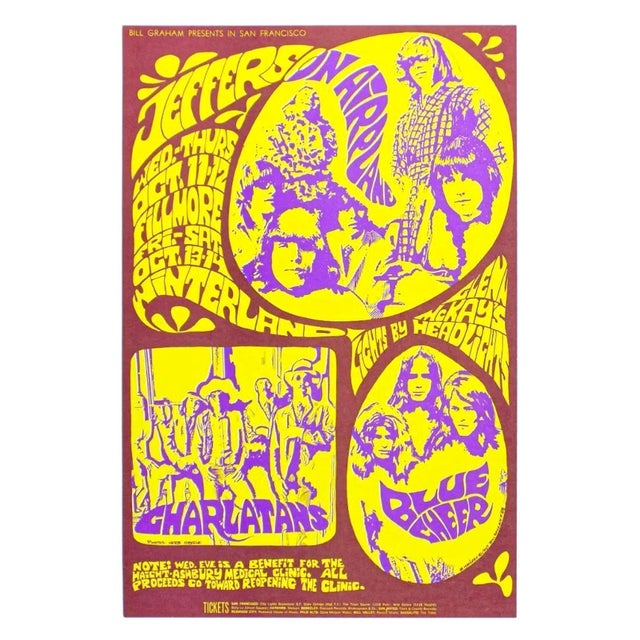 Original 1967 BG-88 concert poster featuring Jefferson Airplane, The Charlatans, and Blue Cheer performing at San...