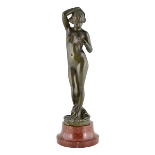 Alexandre Caron, Art Deco Female Nude Sculpture, 1920, Bronze on Marble Base For Sale