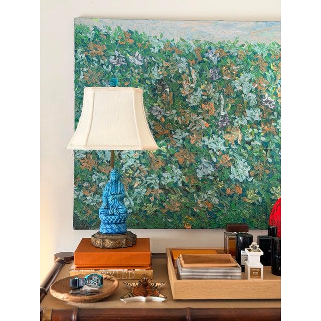 We are very pleased to offer this sculptural turquoise-glazed ceramic table lamp, circa 1970s. The lamp features a serene...